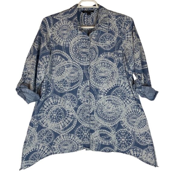 Zac & Rachel Womens Blue Patterned Tunic Long Roll-Tab Sleeves Size Large Flowy - Picture 1 of 6